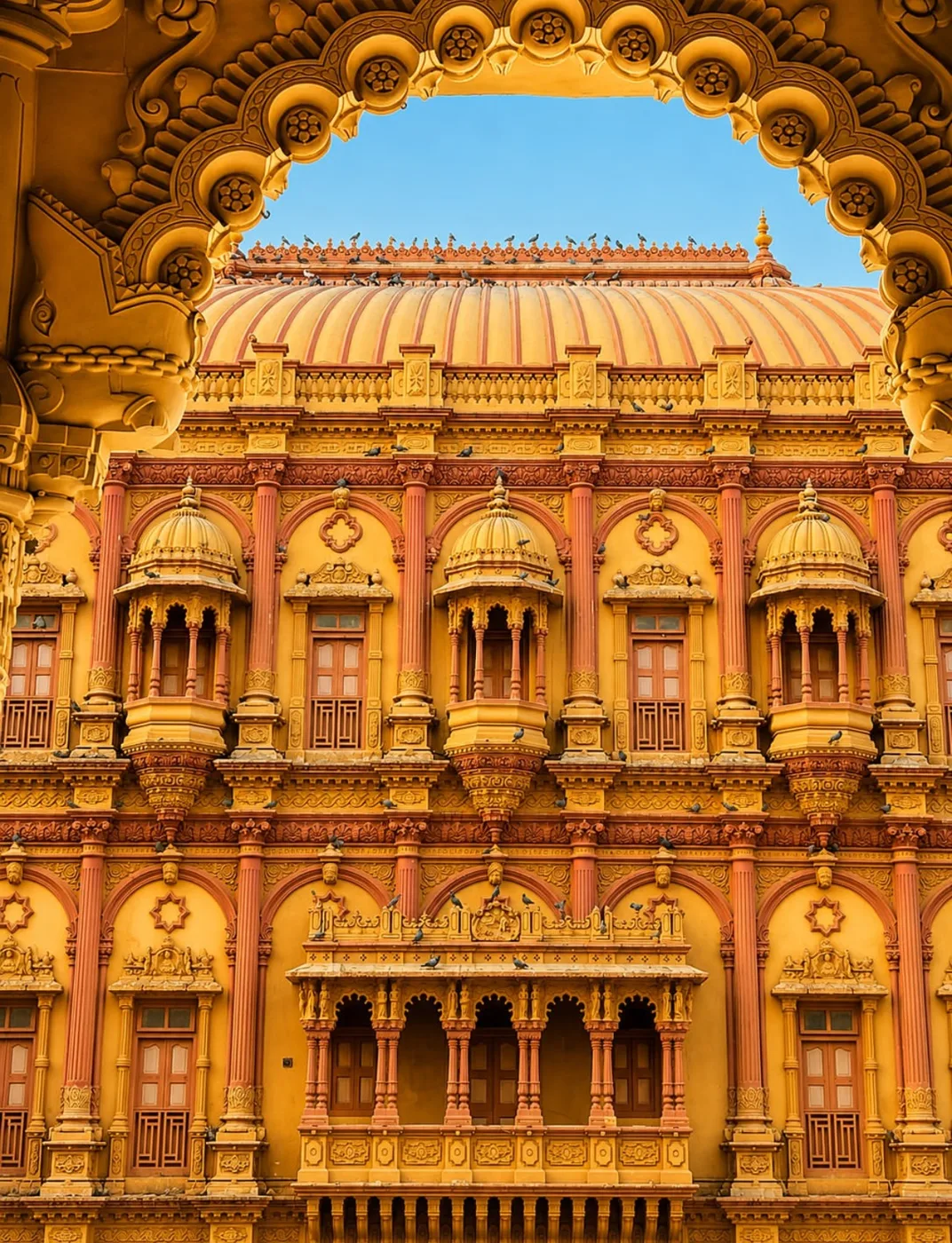The golden hall seen through a carved arch