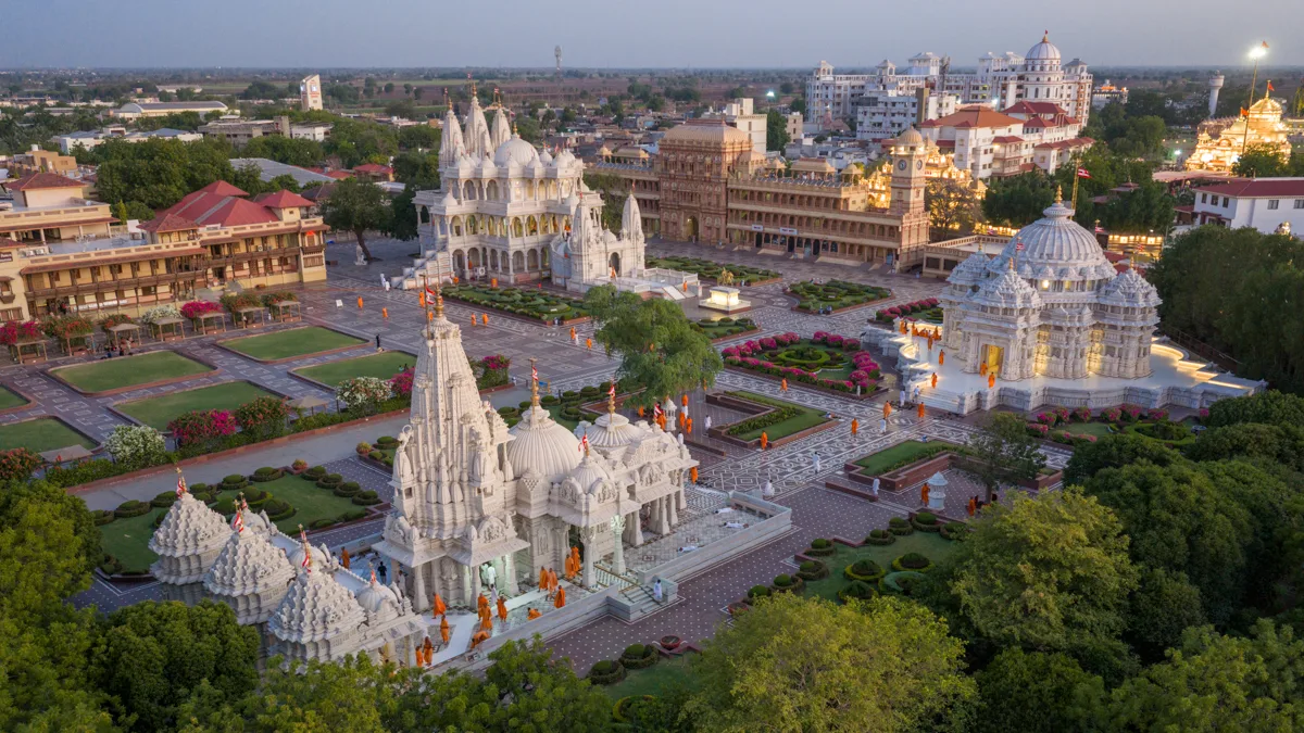 Aerial view of the Sarangpur mandir complex at dusk